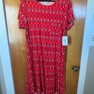 LuLaRoe Carly XL Swing Dress Red White Blue Arrow Print Leggings Material NEW